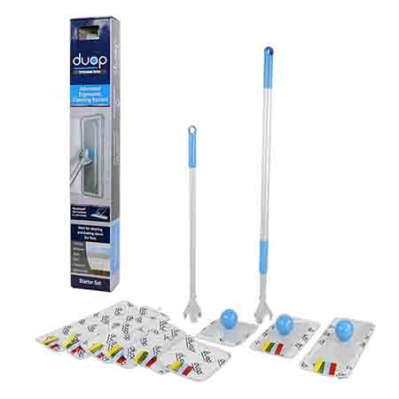 DUOP All-In-One Set with small, medium, and large cleaning heads, extension handles, and microfiber pads