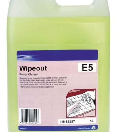 Wipeout Power Cleaner 5L bottle for removing grease and food soils from surfaces like stainless steel and laminate.