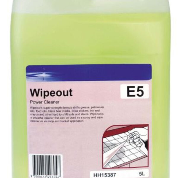 Wipeout Power Cleaner 5L bottle for removing grease and food soils from surfaces like stainless steel and laminate.