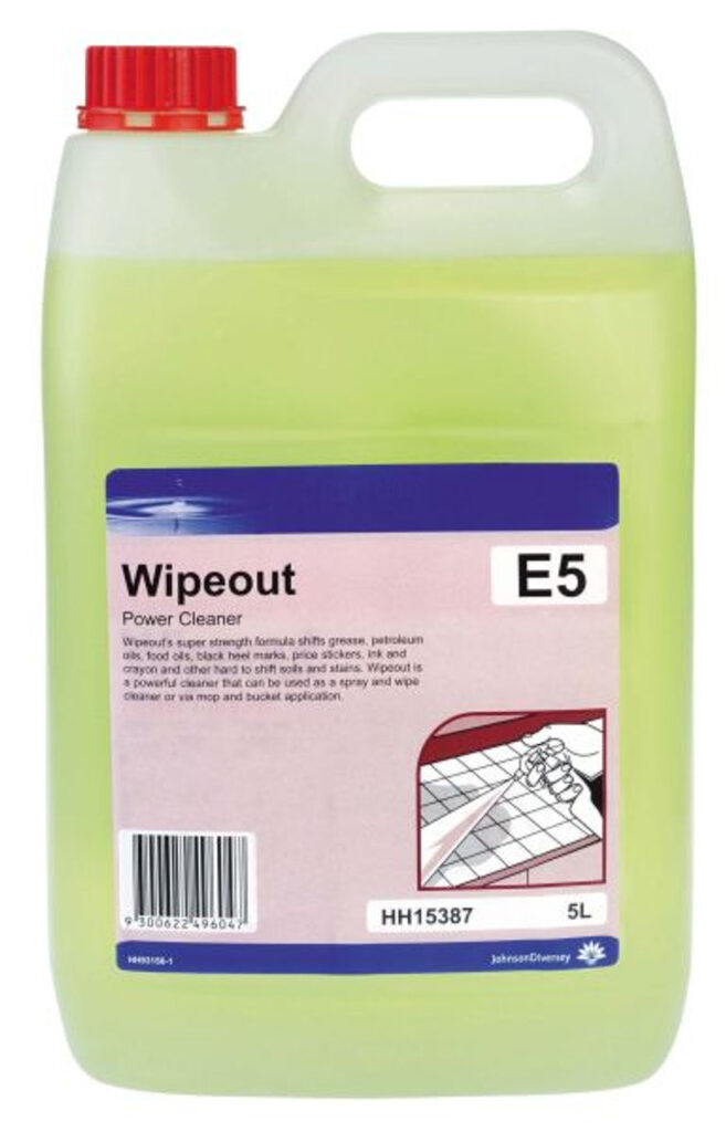 Wipeout Power Cleaner 5L bottle for removing grease and food soils from surfaces like stainless steel and laminate.