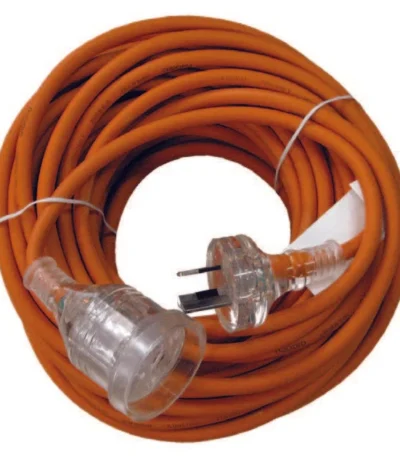 Coiled orange extension lead with clear plug and socket