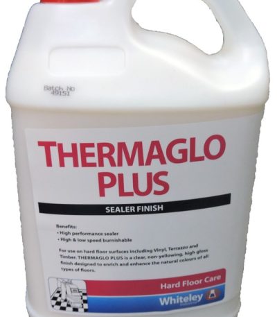 Thermaglo Plus 5L bottle for high-gloss, non-yellowing floor finish, suitable for various floor types.