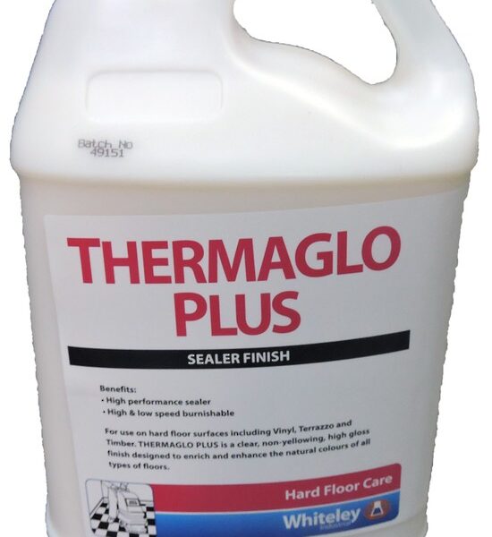 Thermaglo Plus 5L bottle for high-gloss, non-yellowing floor finish, suitable for various floor types.