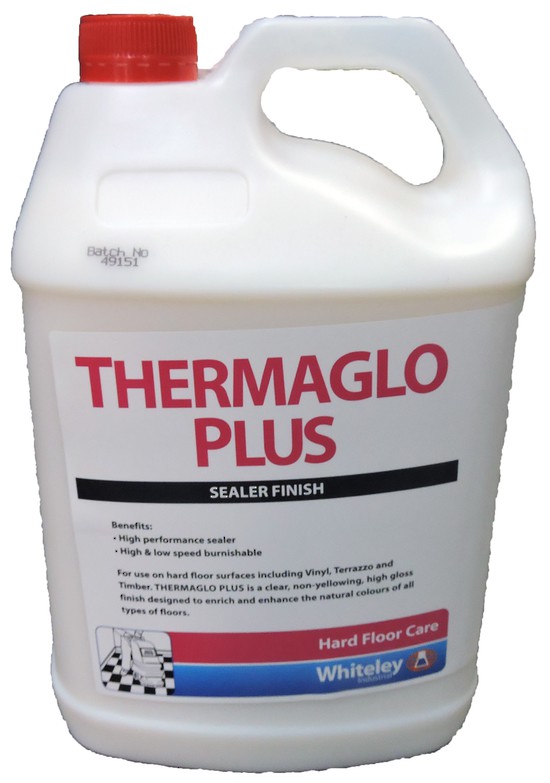 Thermaglo Plus 5L bottle for high-gloss, non-yellowing floor finish, suitable for various floor types.