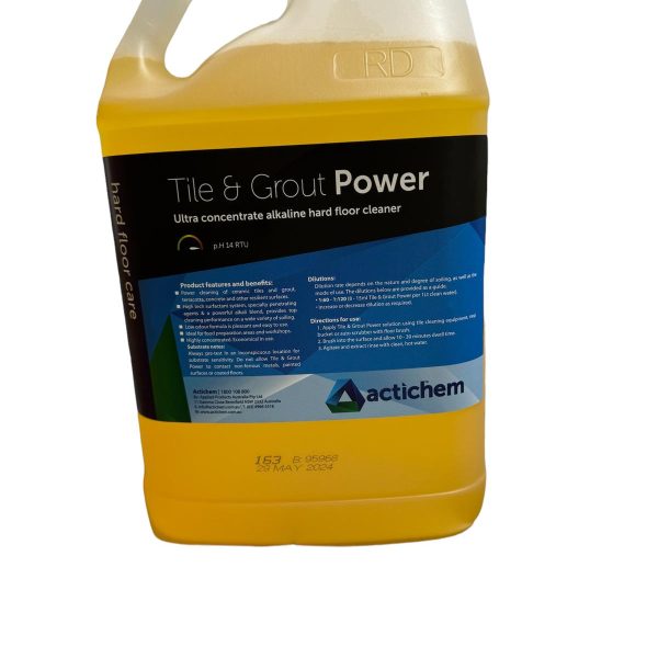 Tile & Grout Power 5L cleaning solution for removing grime and scale from tiles and grout surfaces.