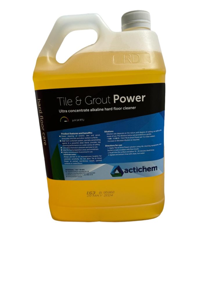 Tile & Grout Power 5L cleaning solution for removing grime and scale from tiles and grout surfaces.