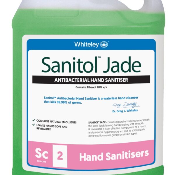 Sanitol Jade 5L antibacterial hand sanitizer, kills 99.99% of germs, leaves hands soft and smooth.