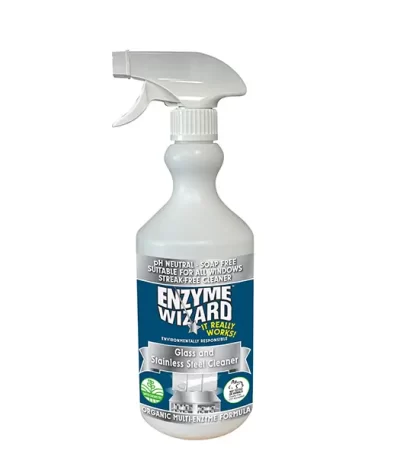 Empty 750ml Enzyme Wizard Cleaner bottle with trigger for glass and stainless steel cleaning.