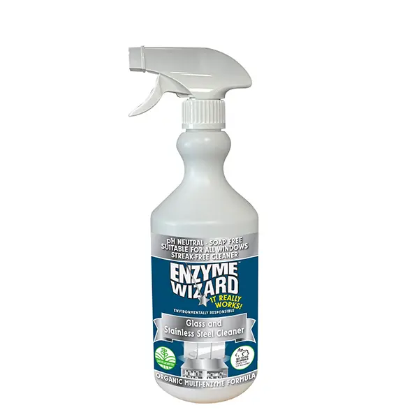 Empty 750ml Enzyme Wizard Cleaner bottle with trigger for glass and stainless steel cleaning.