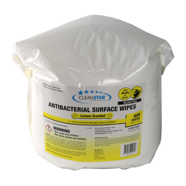 Alcohol-free antibacterial surface wipes, lemon scented, 800 wipes per roll, ideal for gym and standalone dispensers.