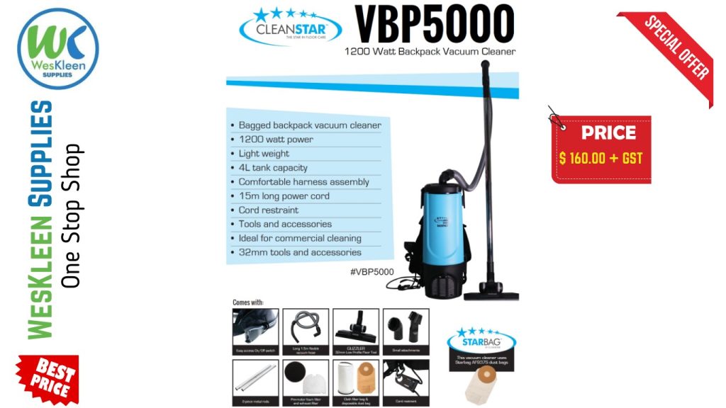 VBP5000 Backpack Vacuum Cleaner with ergonomic harness and powerful 1200-watt motor for efficient commercial cleaning.