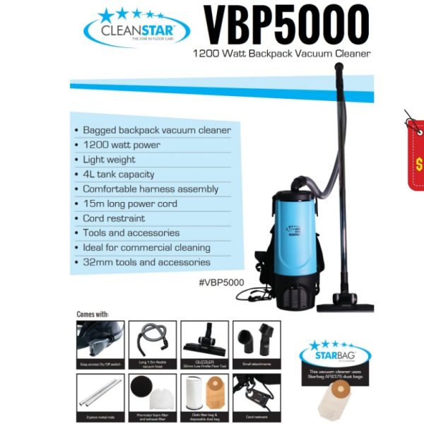 VBP5000 Backpack Vacuum Cleaner with ergonomic harness and powerful 1200-watt motor for efficient commercial cleaning.