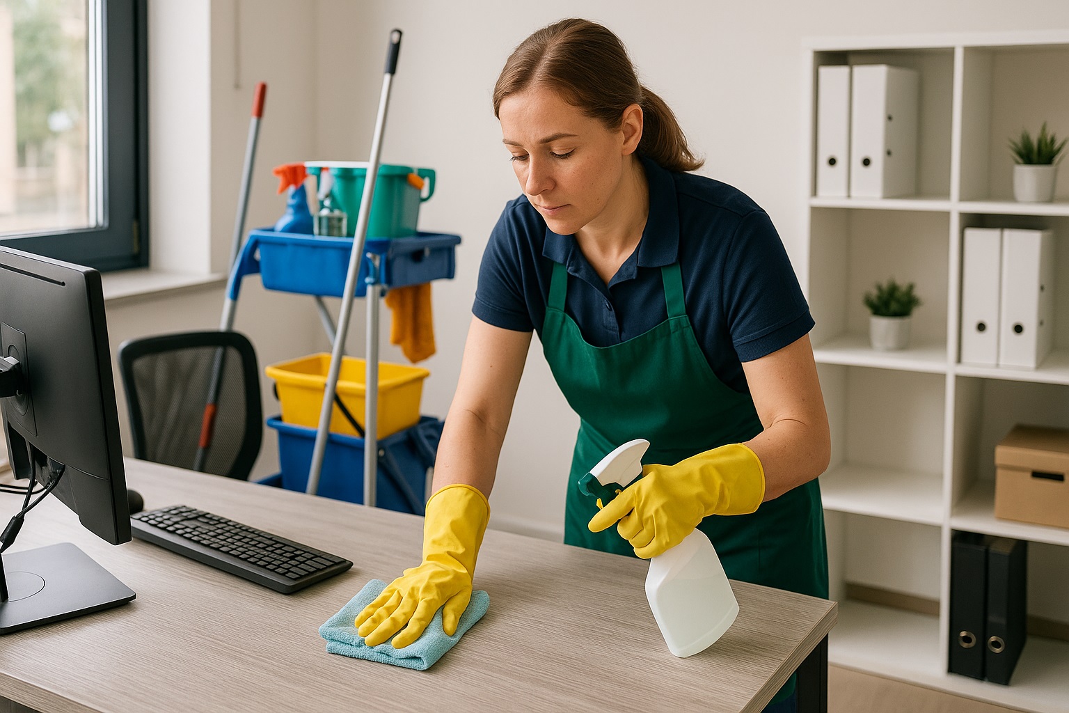 Woman in yellow gloves cleaning office desk