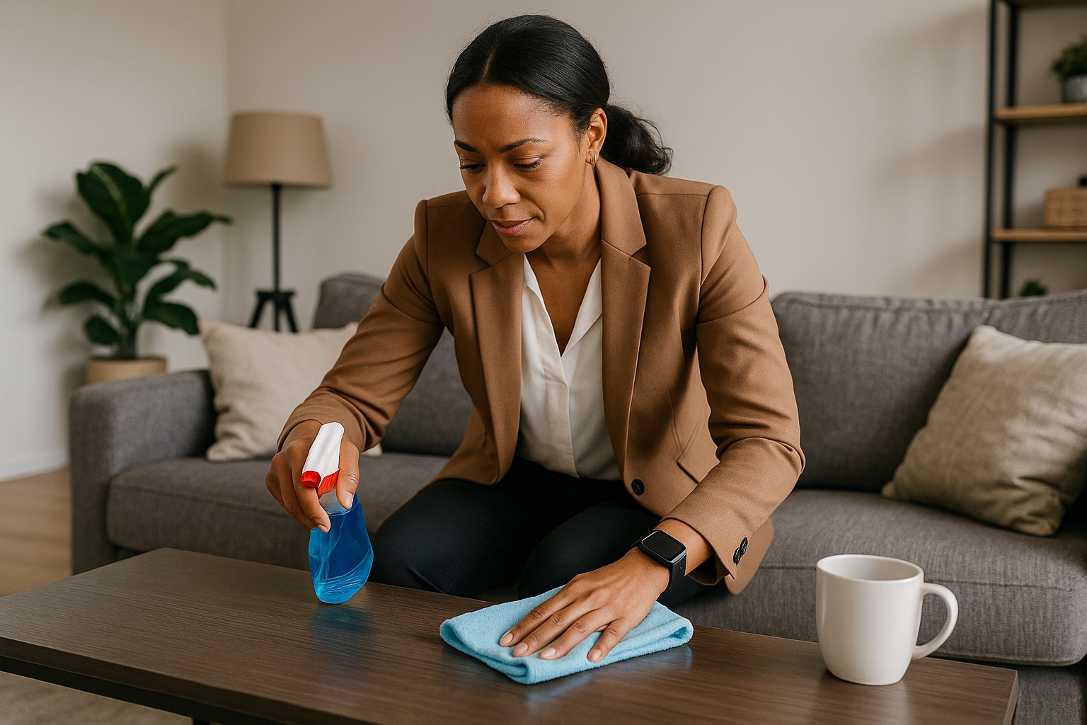 Woman in blazer cleaning a wood table with spray bottle and blue cloth. "Weskleensupplies.com.au.