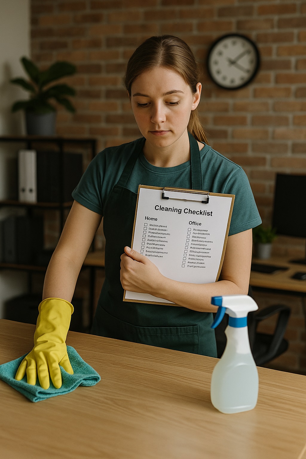Woman sitting on floor with cleaning supplies and tablet