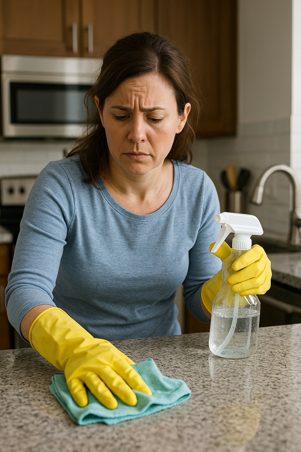 Woman in yellow gloves cleaning kitchen counter with spray bottle and cloth. "Cleaning Supplies.