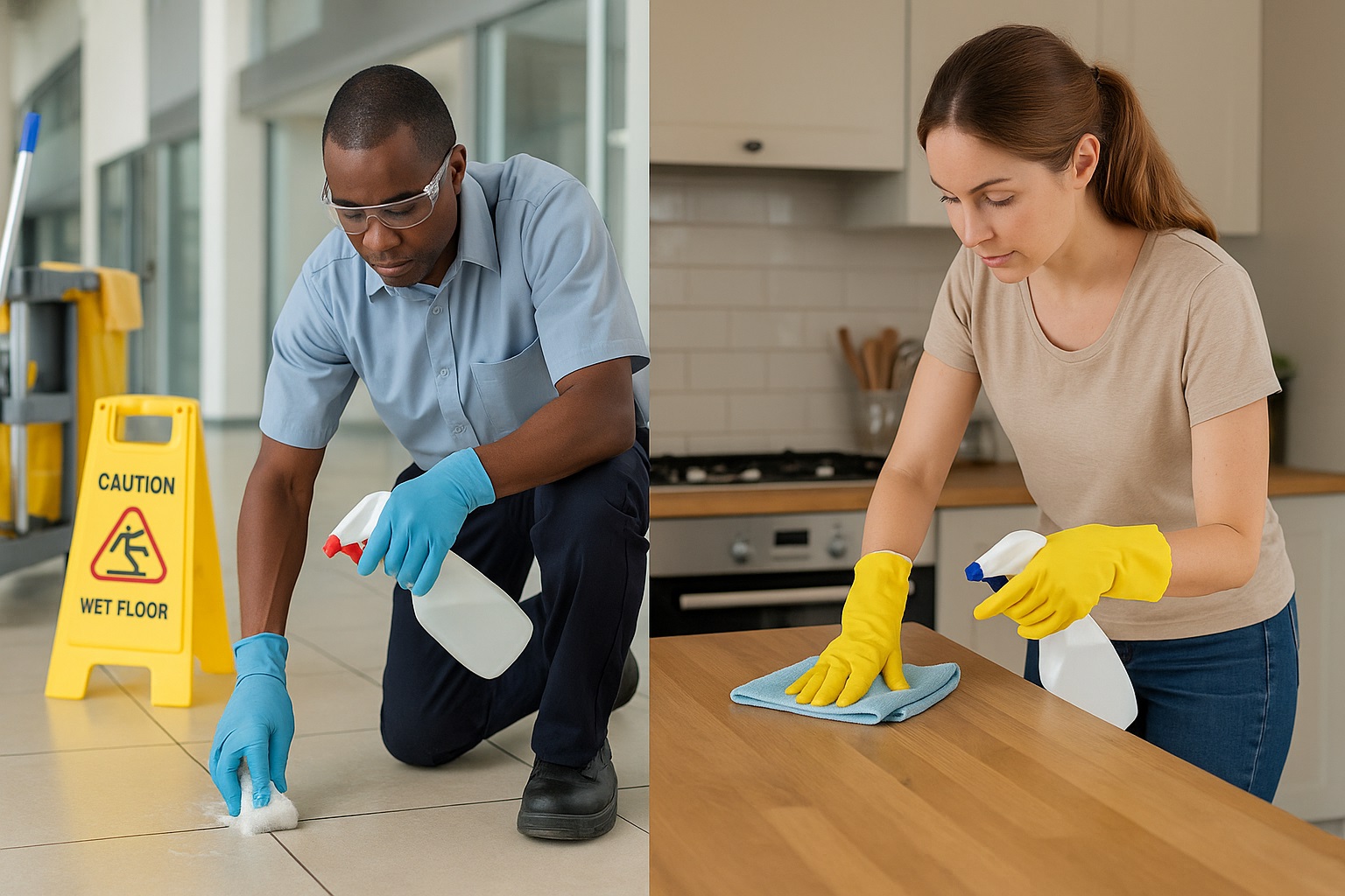 Professional cleaners working in kitchen with caution sign
