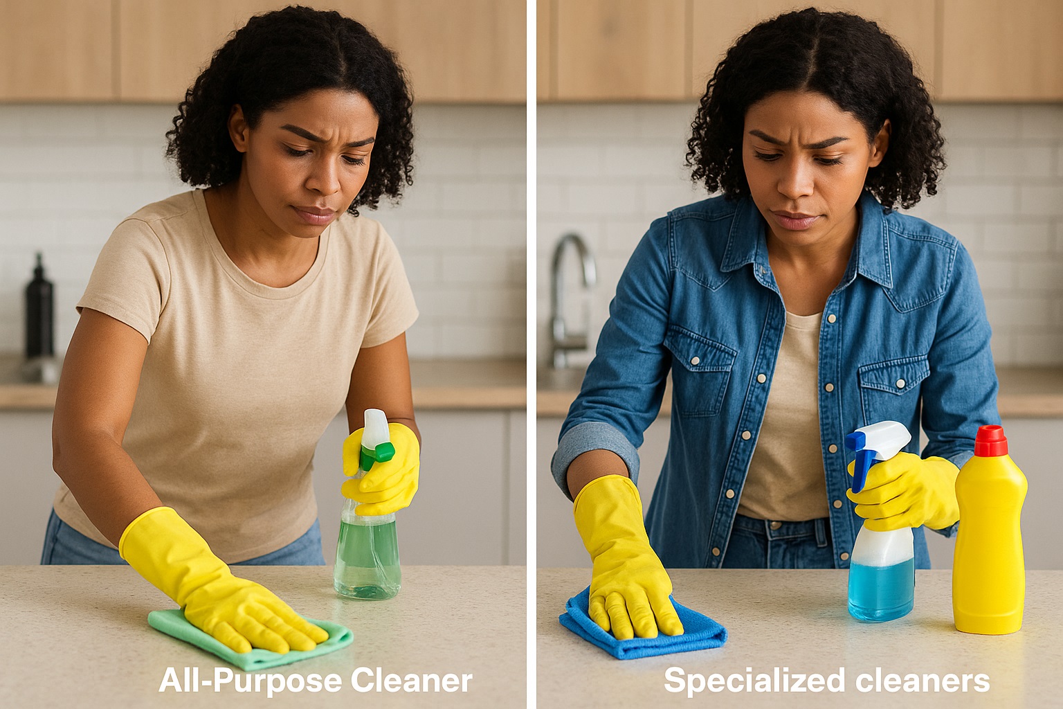 Woman in yellow gloves cleaning with spray bottle