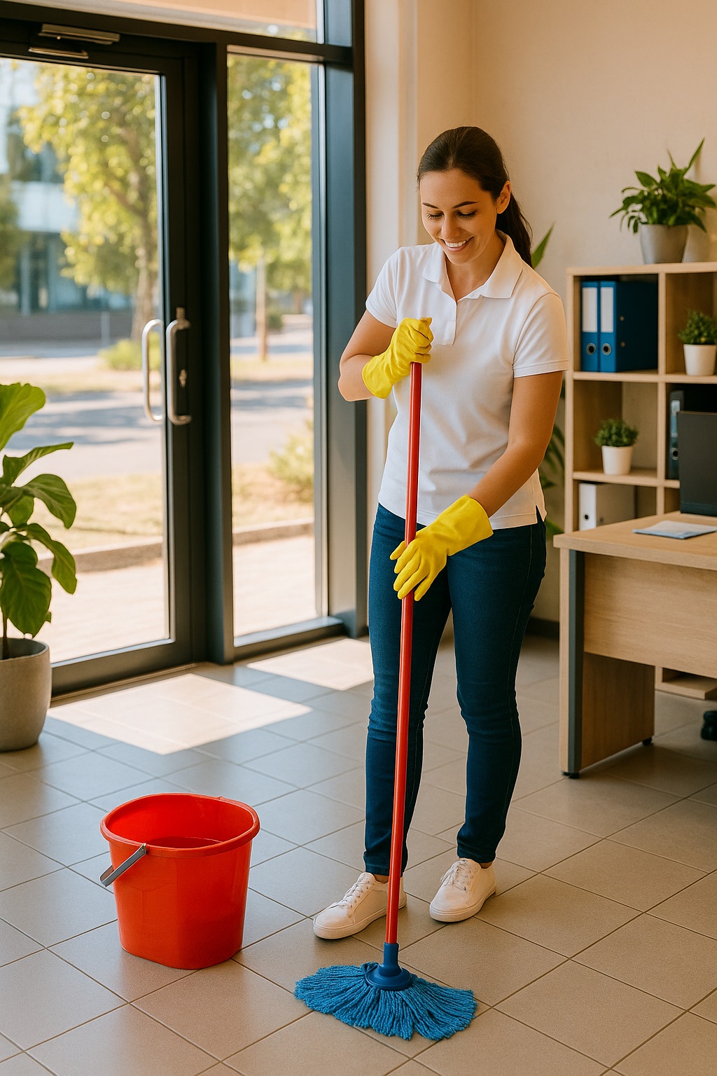 Woman mopping floor with blue mop and red bucket