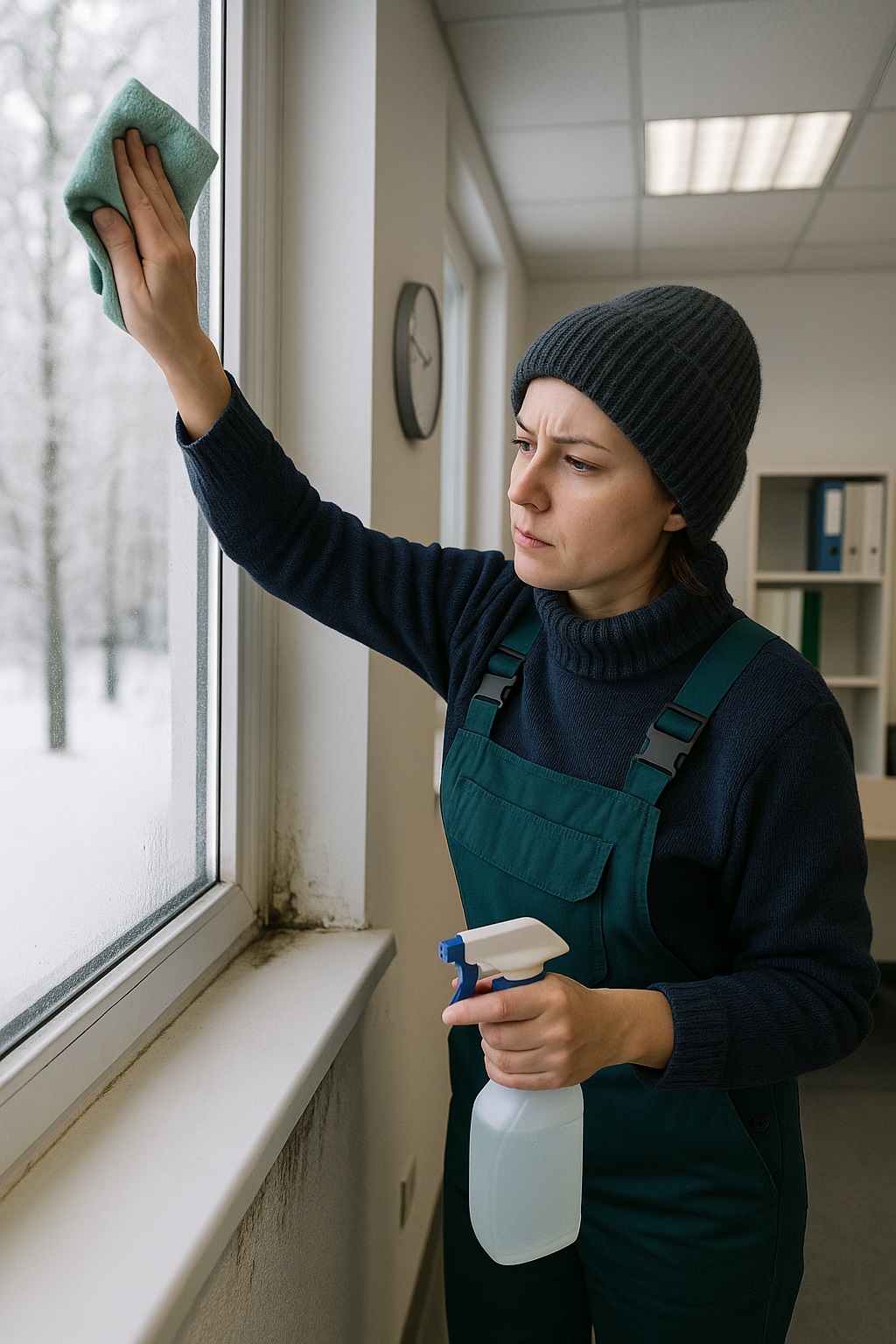 Person cleaning wall with spray bottle and cloth