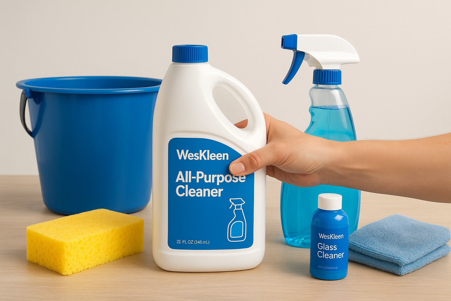 WesKleen" Cleaning Supplies: All-Purpose Cleaner, Glass Cleaner, blue bucket, sponge, and cloth.