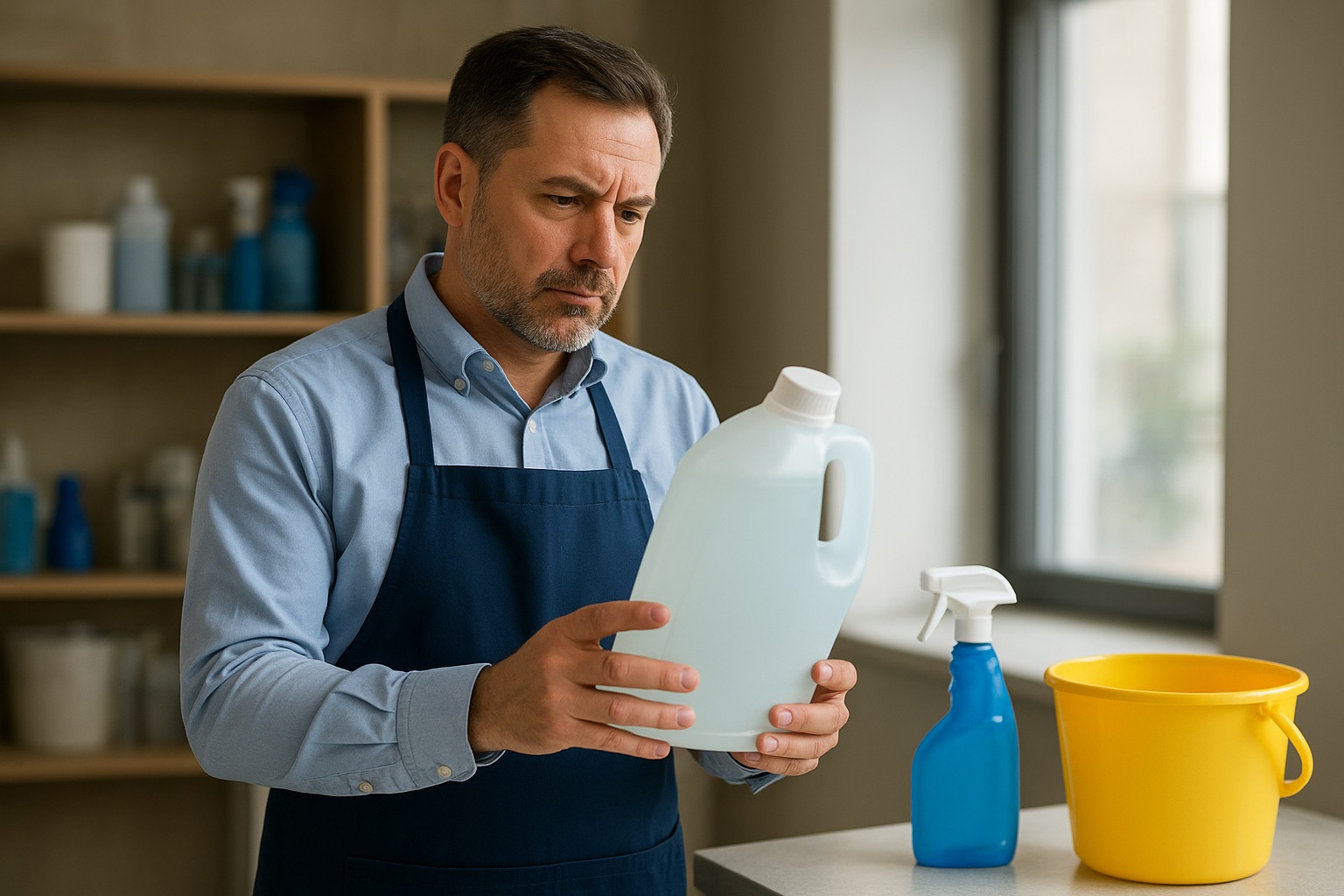 Man in apron reading label on large "WesKleen" cleaning product, with spray bottle and bucket.
