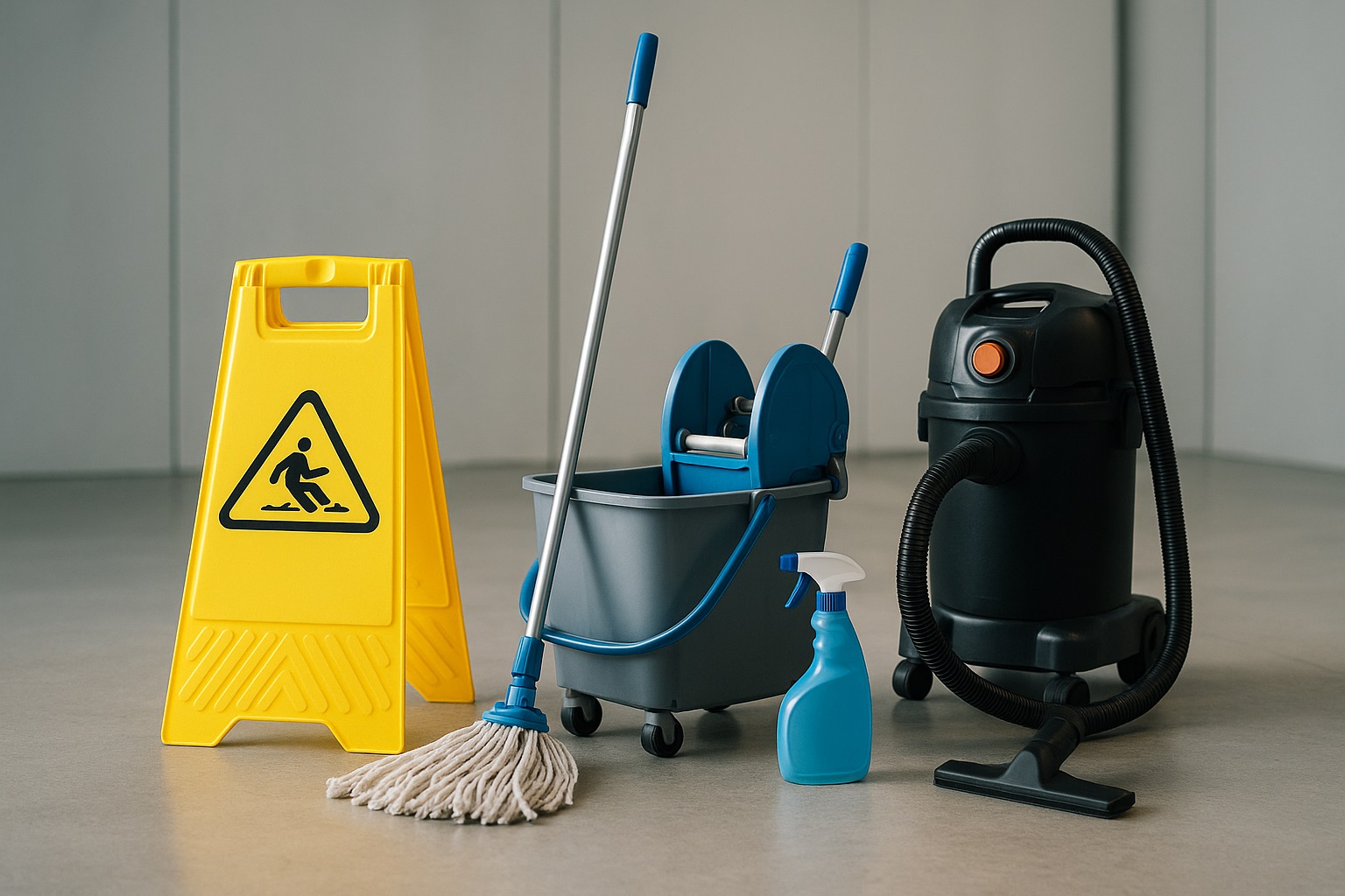 Cleaning equipment: "Wet Floor" sign, mop, bucket, spray bottle, and vacuum cleaner.
