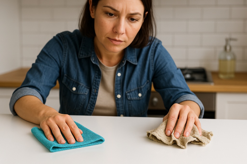 Woman wiping kitchen counter with blue microfiber cloth
