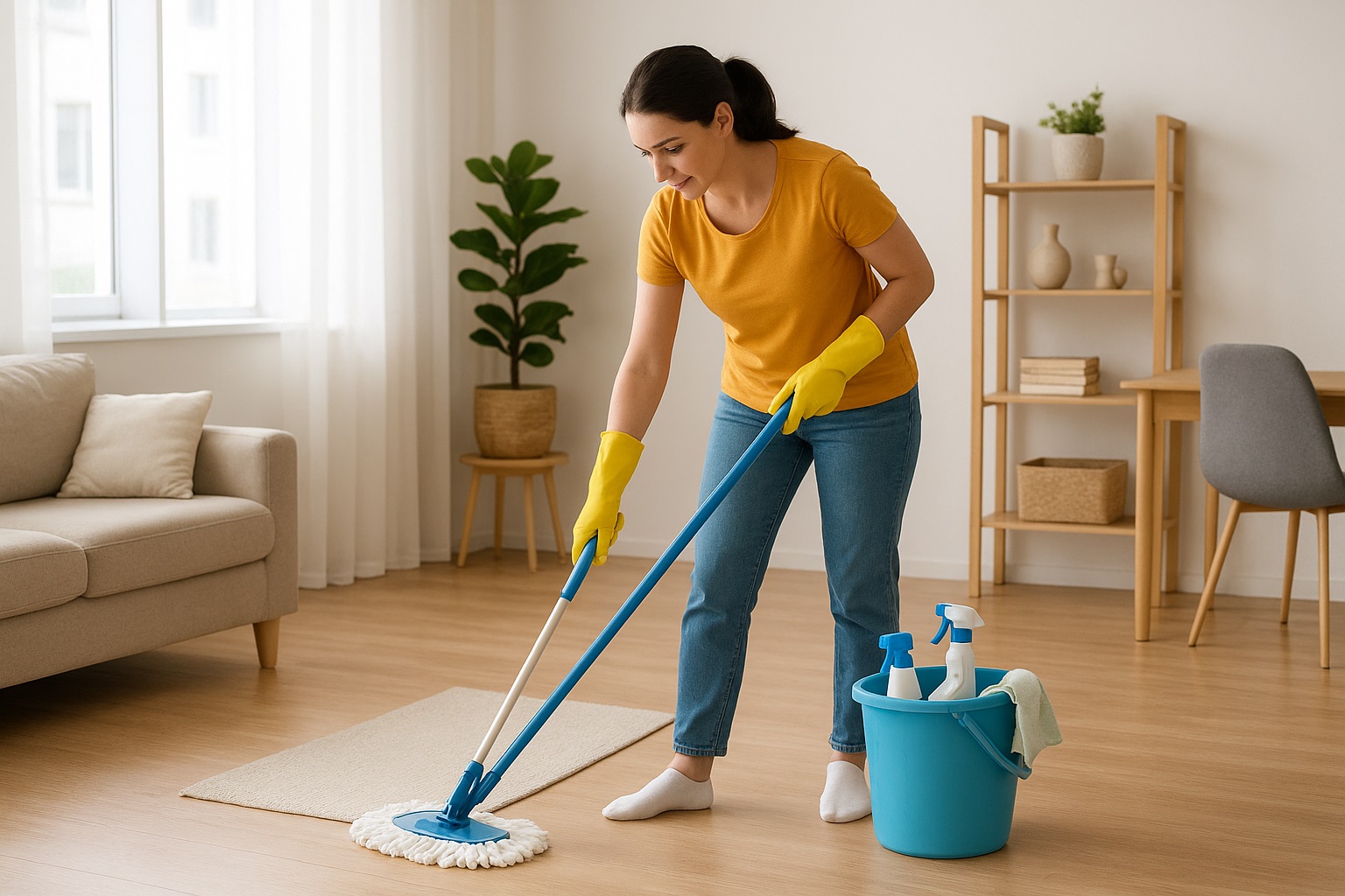 Woman mopping hardwood floor in modern living room