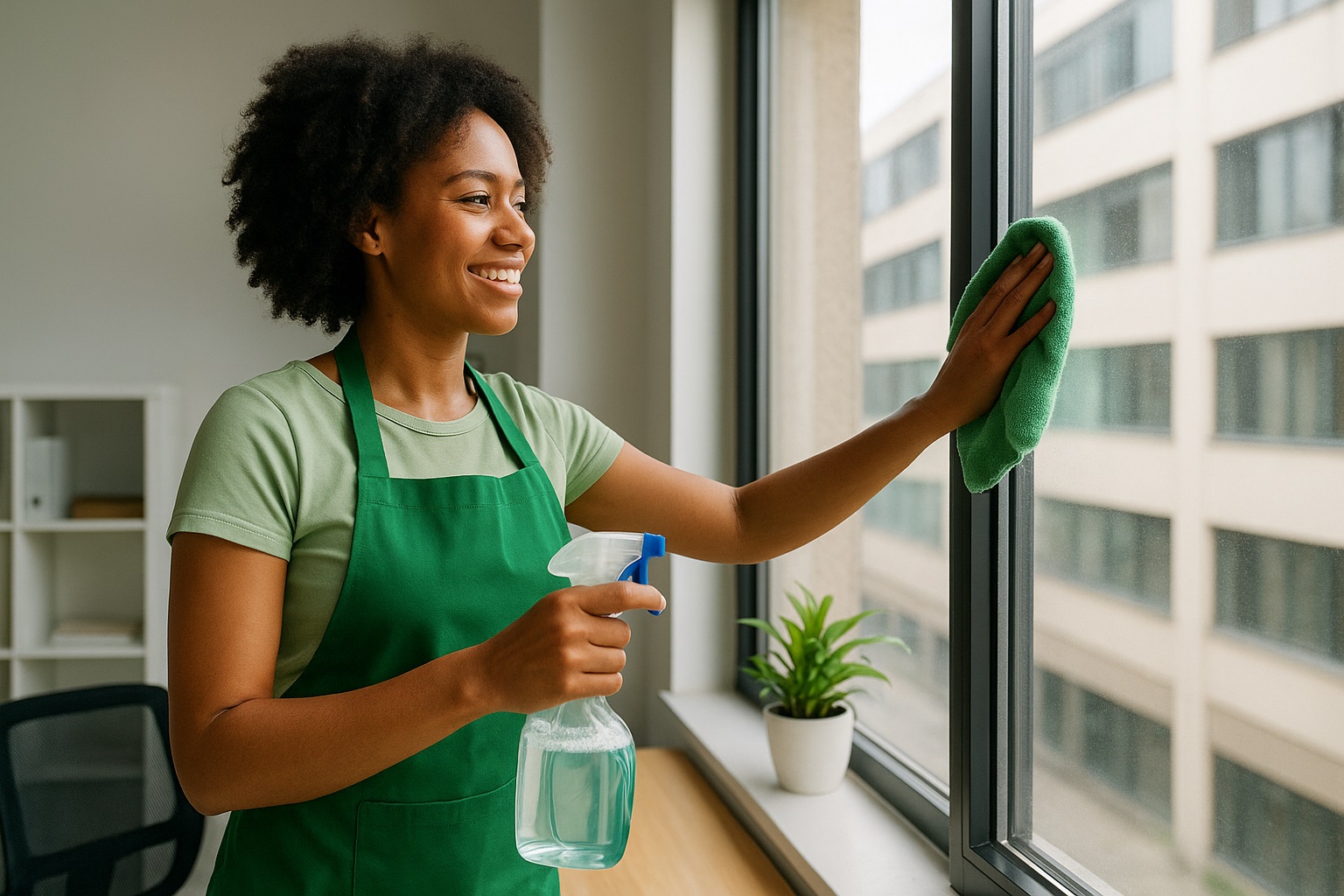 Woman in green apron cleaning window with spray bottle