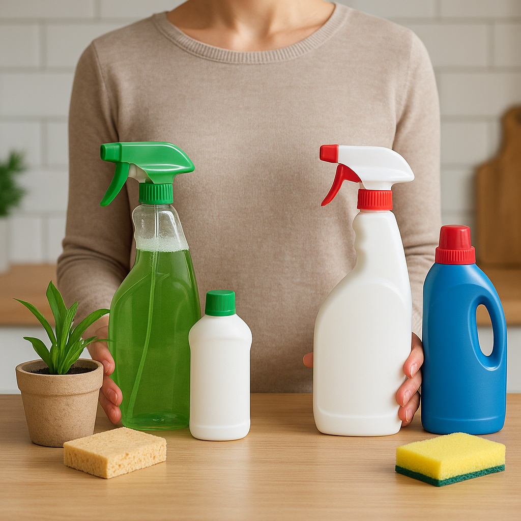 Hand reaching for eco-friendly cleaning products on wooden table