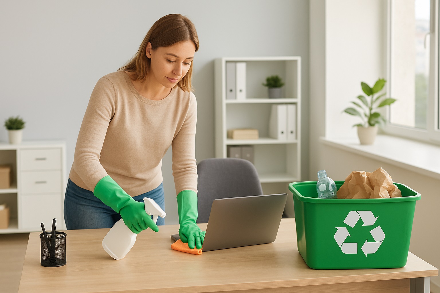 Woman sorting recyclable items into green recycling bin