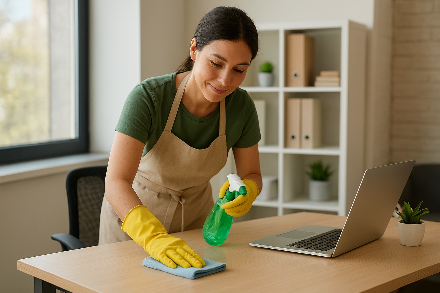 Woman cleaning kitchen counter with spray bottle and cloth