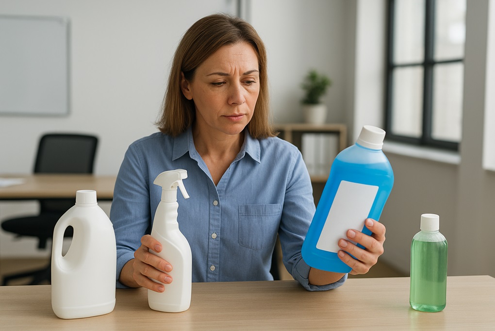 Woman comparing four different bottles of cleaning supplies at a table.