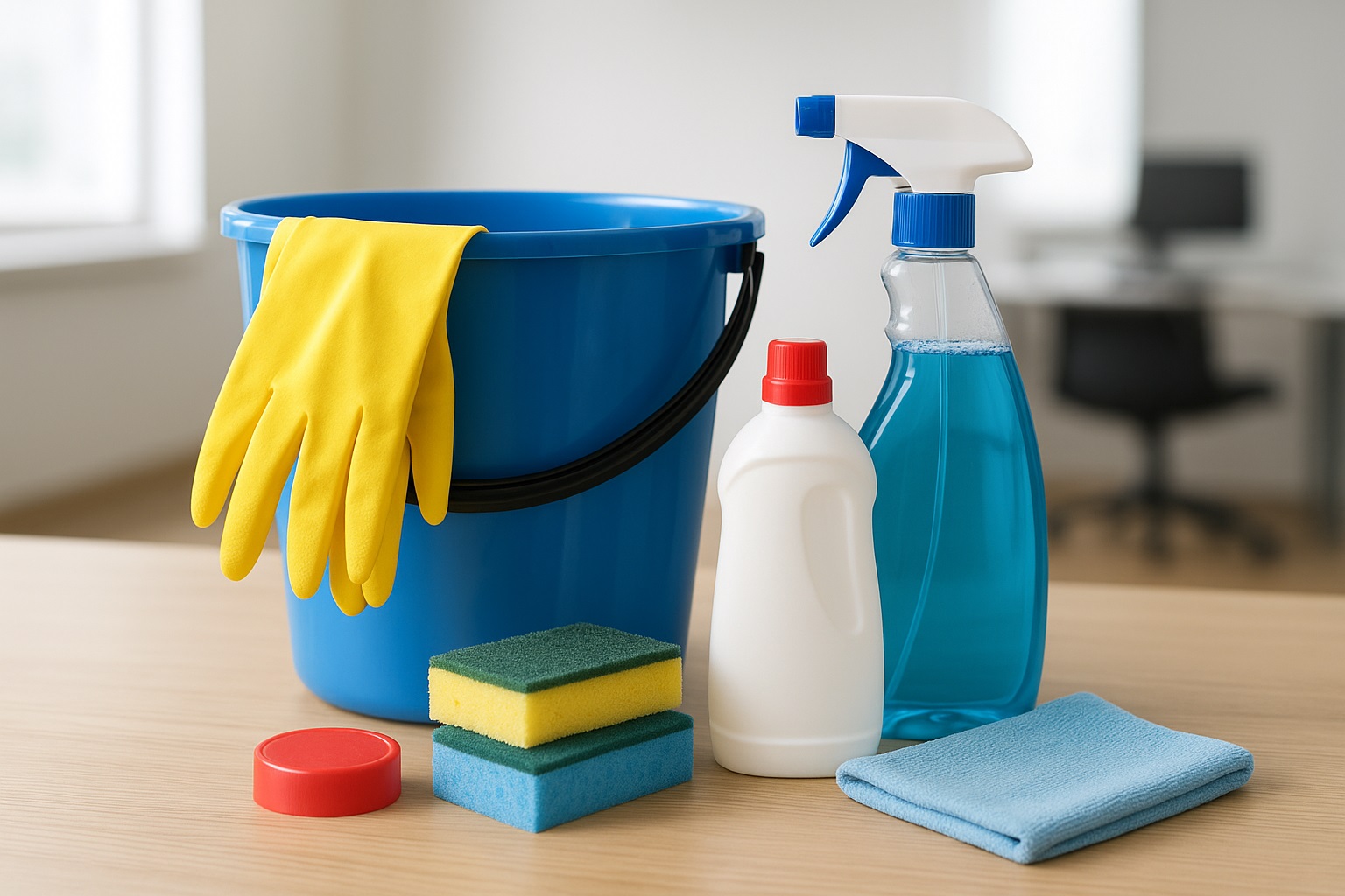 Cleaning supplies: bucket, yellow gloves, spray bottle, cleaning fluid, sponges, and cleaning cloth.