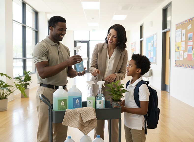 School staff discuss cleaning supplies with a student holding a plant. "WesKleen Supplies" products visible.
