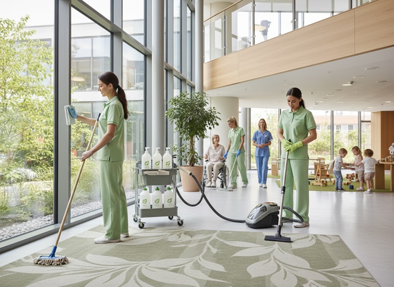 Healthcare facility cleaning with "WES Kleen Supplies." Staff, residents, and children present.