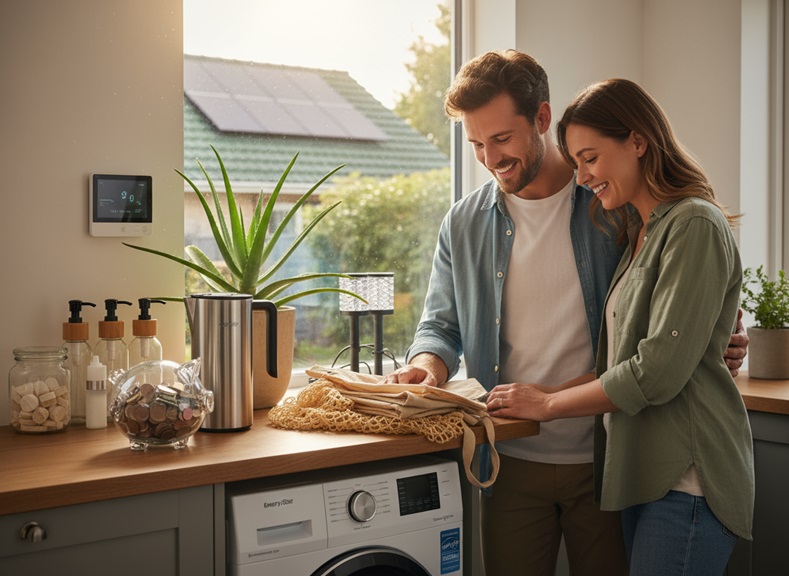 Couple in sustainable laundry room with reusable bags, eco-friendly detergent, washing machine, and solar panels visible.