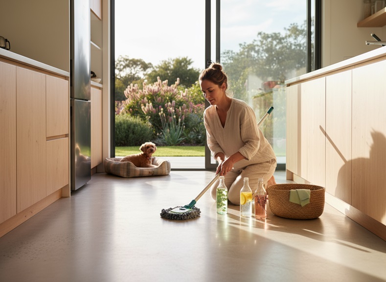 Woman using "WesKleen" mop to clean kitchen floor; dog in bed, natural light.