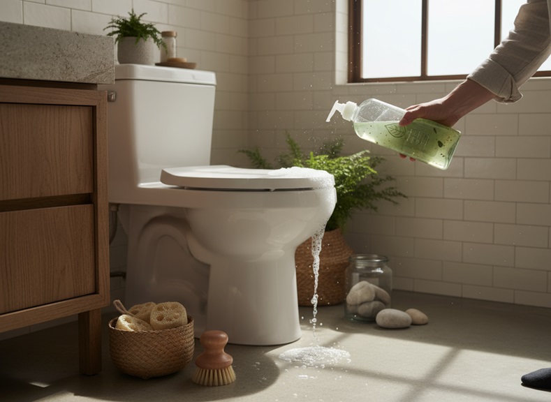 Eco-friendly bathroom cleaner being poured into a toilet. Natural cleaning supplies and decor. "Weskleen Supplies" concept.