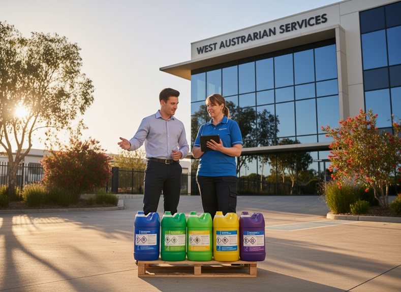 West Australian Services" staff with cleaning product pallet. Blue, green, yellow & purple containers.