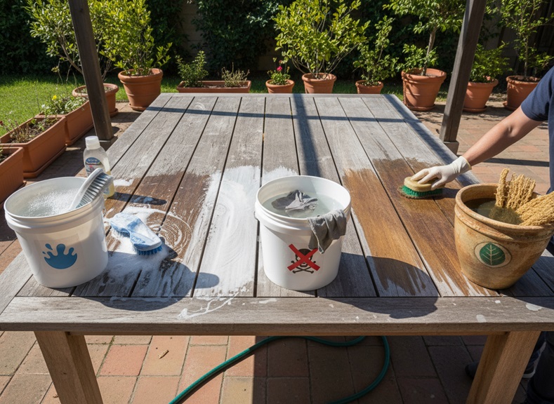 Cleaning a weathered wooden table with "Weskleen Supplies" cleaning products in an outdoor setting.