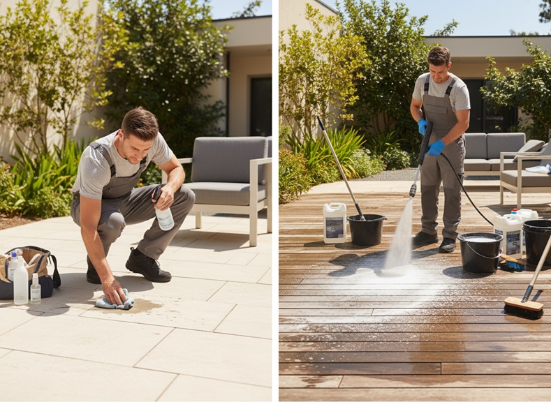 Patio & deck cleaning. Man cleaning stone tiles with spray, then power washing wood deck. "Weskleen Supplies" products.