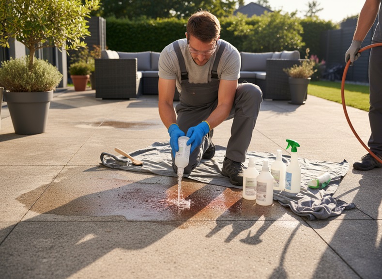 Man cleaning patio with "WesKleen" cleaner and blue gloves, outdoor furniture and greenery in background.