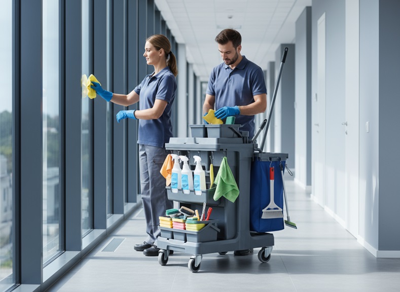 Cleaning crew with full trolley cleaning an office hallway. "WesKleen Supplies" equipment.