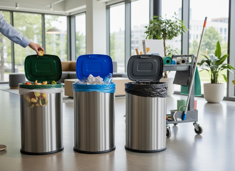 Waste sorting: Person placing food scraps in "green" compost bin. Recycling and trash bins also shown.
