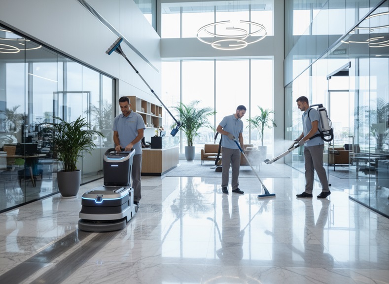 Modern office lobby with polished floors and people walking