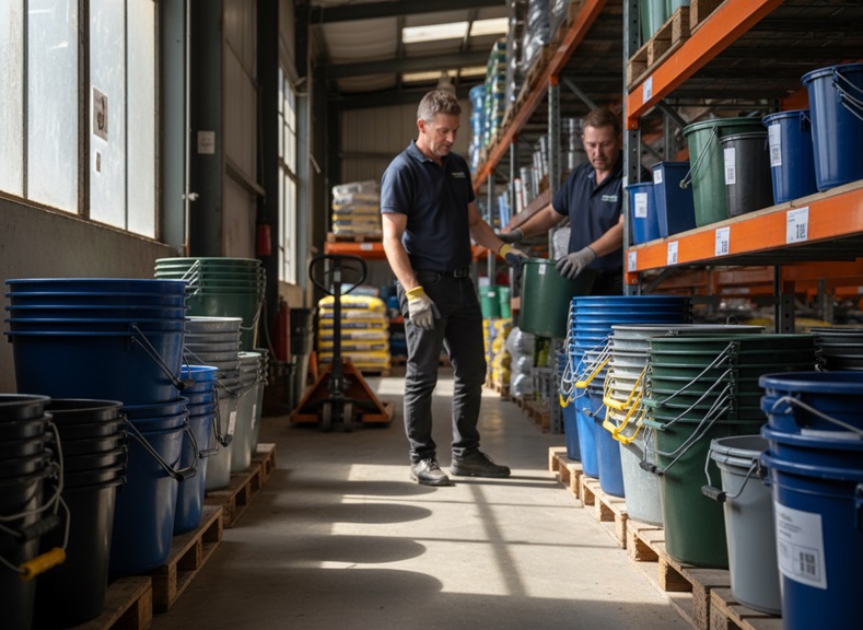 Wes Kleen Supplies" warehouse with workers stocking shelves of colorful buckets on pallets.