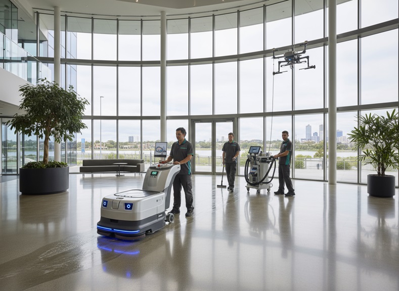 Commercial cleaning team using floor scrubber, vacuum, and drone in a modern, sunlit lobby.