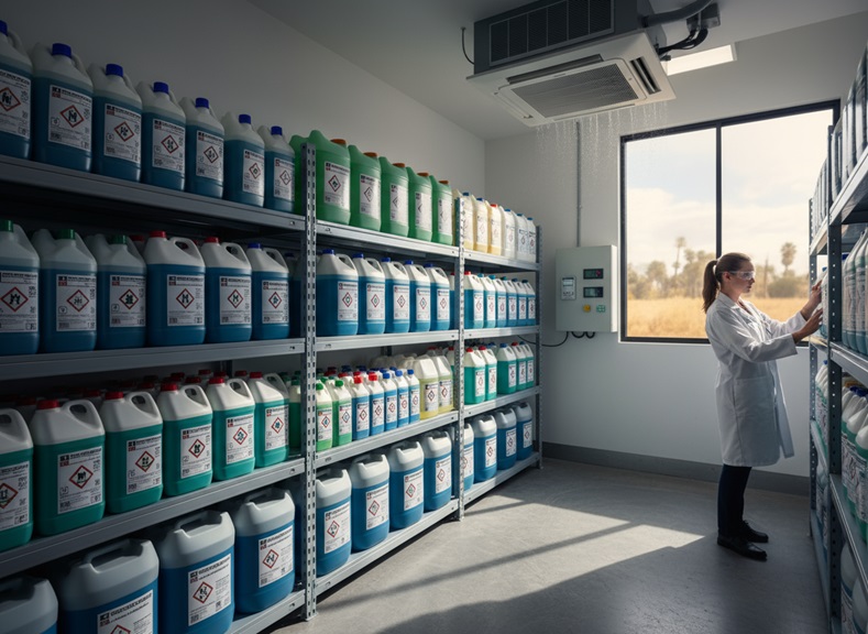 Wes Kleen Supplies" stockroom. Shelves hold various colored chemical containers. Person in lab coat accessing supplies.